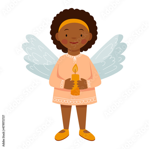 A cute african american girl dressed as an angel is holding a candle. Easter or christmas angel. Vector flat illustration.