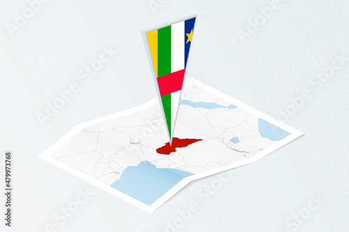Isometric paper map of Central African Republic with triangular flag of Central African Republic in isometric style. Map on topographic background.