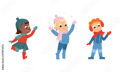 Cheerful Boy and Girl Waving Hand and Playing Snowball Walking and Enjoying Winter Holiday Vector Set