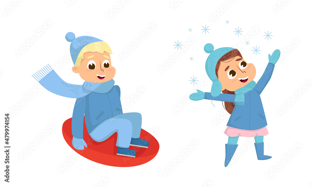 Cheerful Boy and Girl Sliding Downhill and Catching Snowflakes Walking and Enjoying Winter Holiday Vector Set Cheerful Boy and Girl Sliding Downhill and Catching Snowflakes Walking and Enjoying Winter Holiday Vector Set