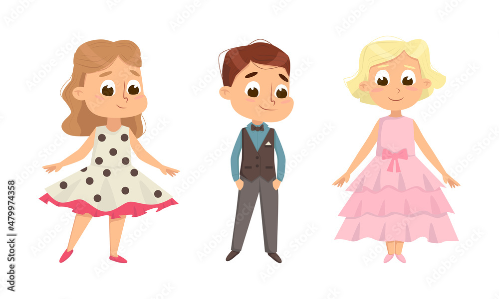 Cute Children Dressed in Elegant Clothes Standing and Smiling Vector Set Cute Children Dressed in Elegant Clothes Standing and Smiling Vector Set