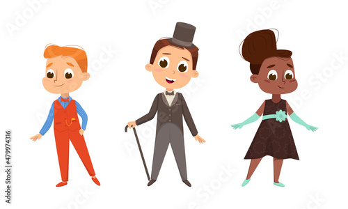 Cute Children Dressed in Elegant Clothes Standing and Smiling Vector Set