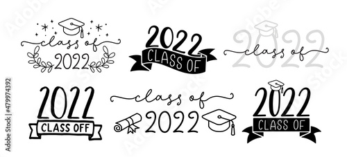 CLASS OF 2022 set of graduation logo with cap and diploma for high school, college graduate. Template for graduation design, party. Hand drawn font for yearbook class of 2021. Vector illustration.