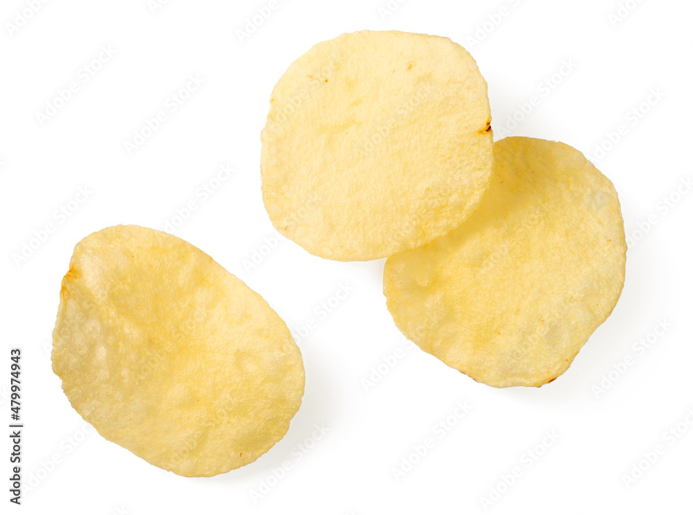 Potato chips isolated on the white background, top view