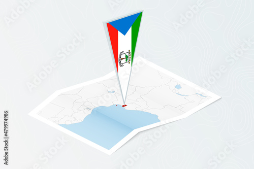 Isometric paper map of Equatorial Guinea with triangular flag of Equatorial Guinea in isometric style. Map on topographic background.