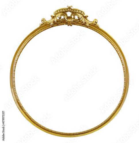Golden round frame for paintings, mirrors or photo isolated on white background. Design element with clipping path