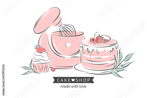 Cake shop logo. Planetary stationary dough mixer, cake, cupcake and berries. Vector illustration on white background for menu, recipe book, baking shop.