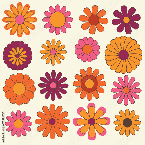 Set of colorful floral geometric objects. Groovy flowers, vector illustration, hippie aesthetic. Funny multicolored botanical art print