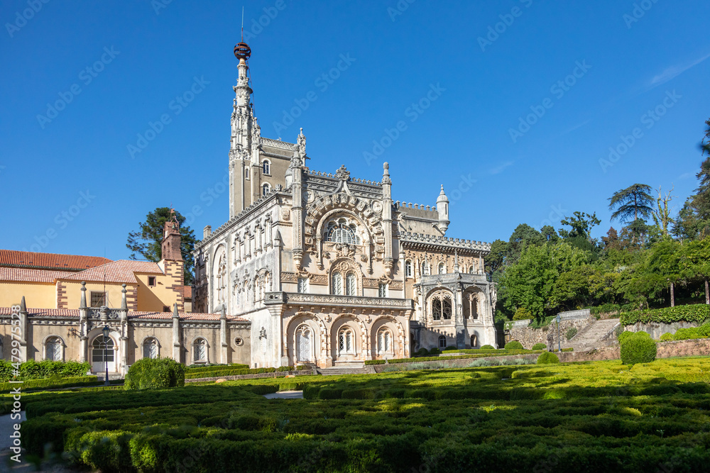Bussaco Palace with an ornamental garden and park near Luso, Portugal. It is included in UNESCO World Heritage List