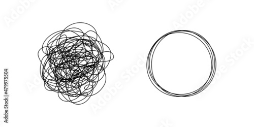 Chaotically tangled line and untied knot in form of circle. Psychotherapy concept of solving problems is easy. Unravels bad mental health. Vector illustration