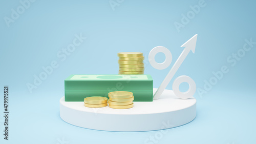 Increasing arrow and stack of money as financial saving rising concept on white podium, increasing of interest rates, financial concept and business profit growth concept, 3d rendering illustration. photo