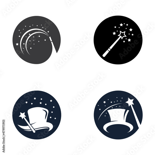 Tela magician's hat and magic wand icon logo vector design template