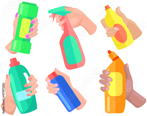 Cleaning liquid and spay icon flat vector. Plastic bottles of antiseptic substances set. Anti-bacterial sanitizers for cleaning. Premises cleaning, infection control concept. Home and personal hygiene