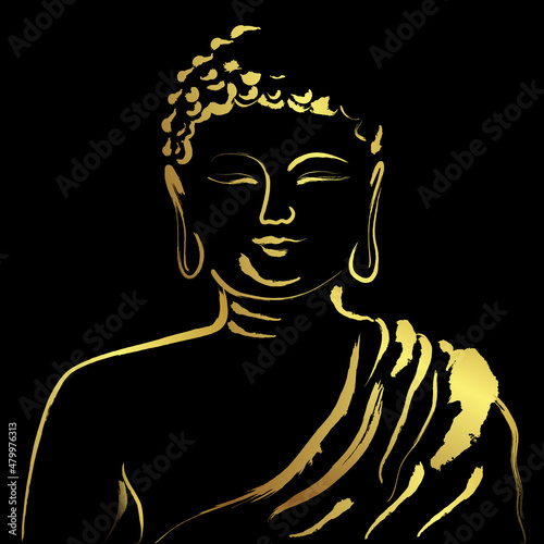 buddha with golden brush stroke painting over black background