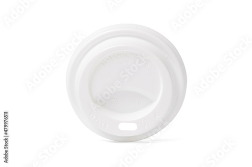 Plastic disposable top coffee cap lid isolated on white. Blank white disposable coffee cup lid mock up lying top view, 3d rendering. Empty drinking mug mock-up. Clear plain tea take away package