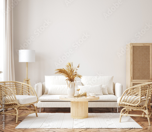 Home mockup, room in light pastel colors, Scandi-Boho style, 3d render