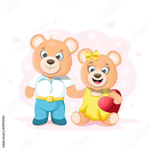 Two cartoon teddy bears in love. Teddy bear boy holds by the paw a bear girl. Teddy bear girl holding a heart. Pink background with hearts