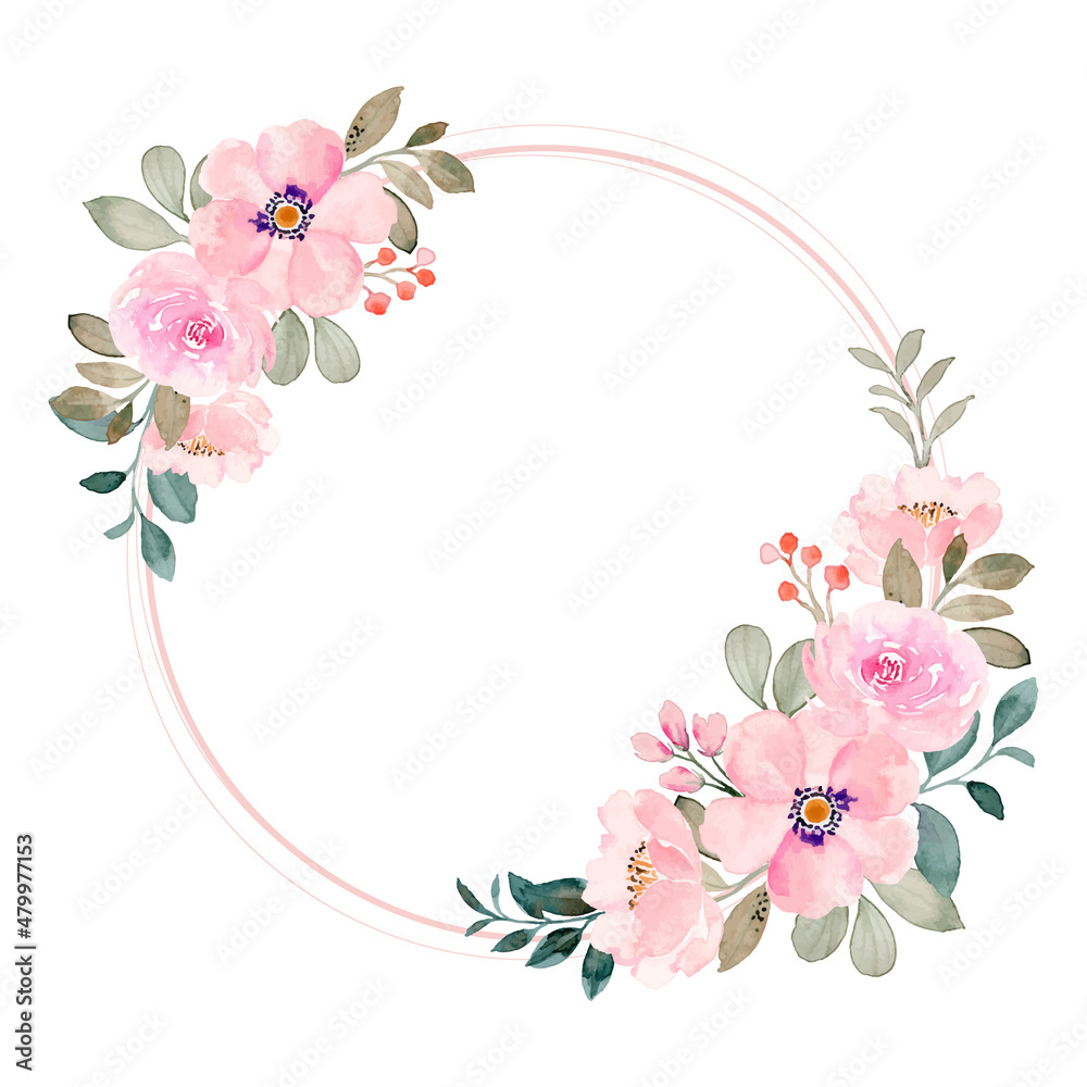 Fototapeta premium Watercolor pink floral wreath with circles