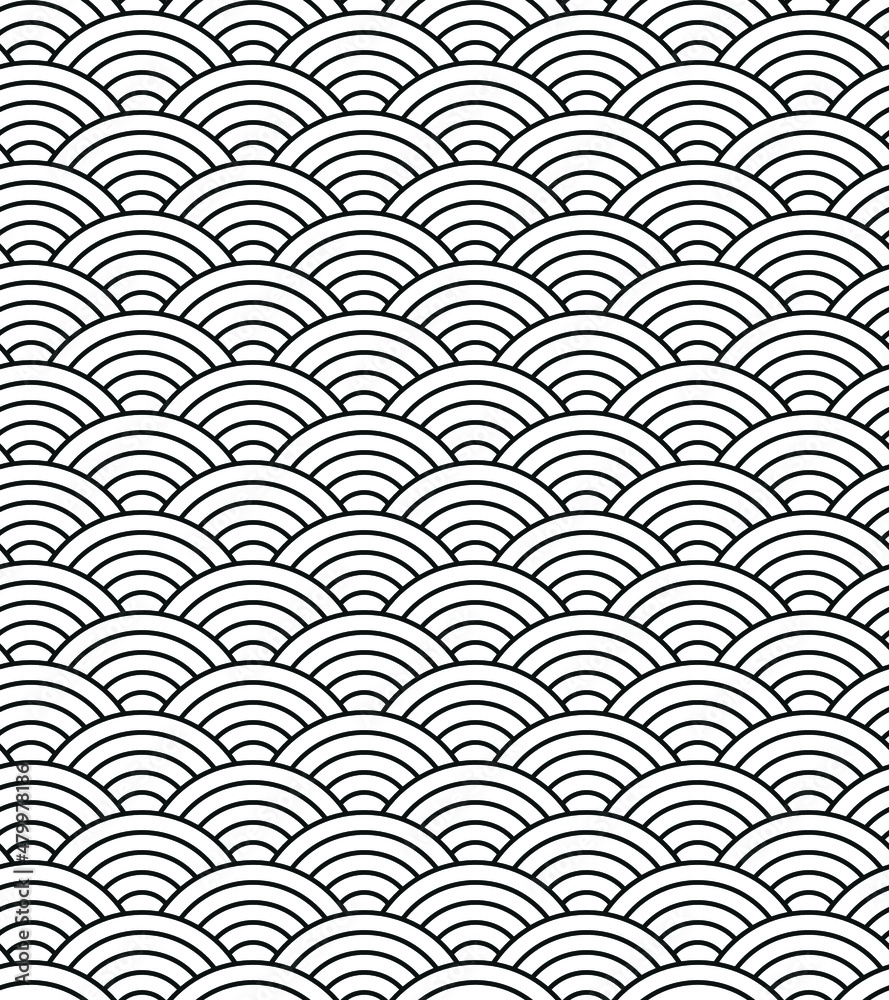 Vector seamless pattern with concentric half circles. Japanese style geometric abstract tiles background. - obrazy, fototapety, plakaty 