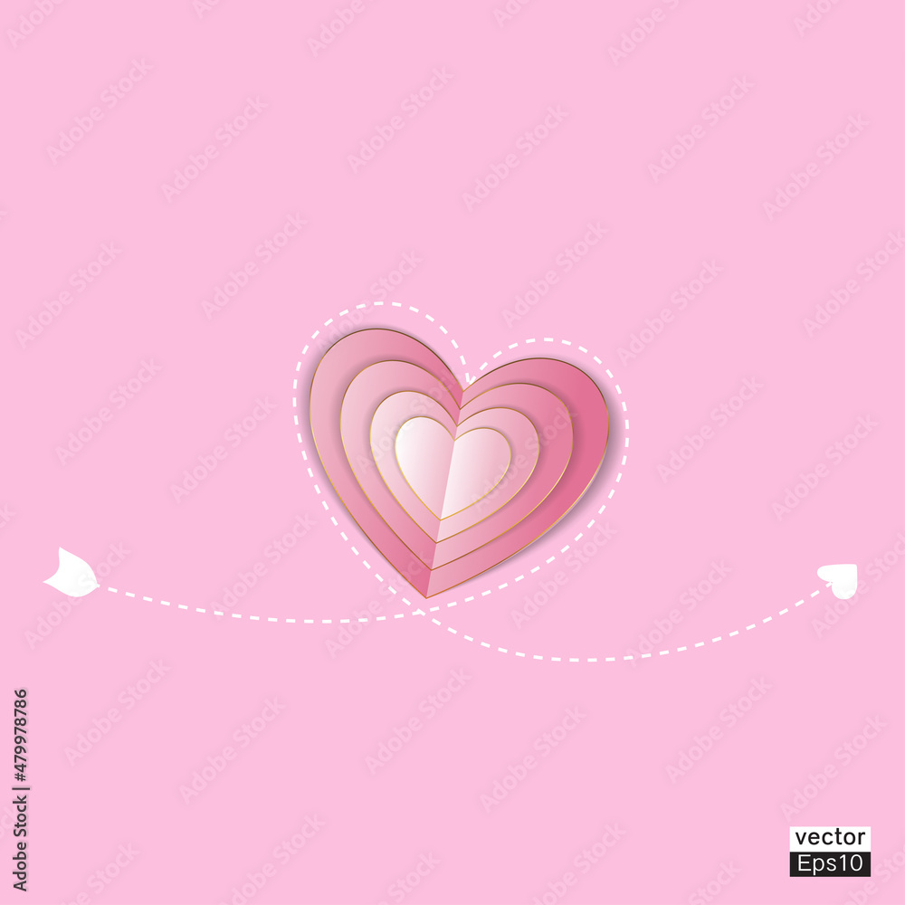 pink paper heart with gold  with White arrow pattern isolated pink background.Vector illustrator.