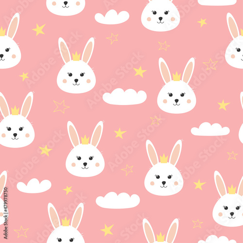 Seamless pattern with cute bunny  star and cloud. Lovely rabbit with crown on pink background. Background for baby shower  wall art  fabric  textile and invitation