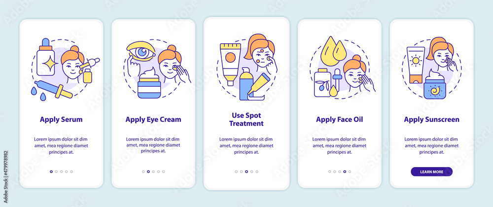 Skincare routine tips onboarding mobile app screen. Healthy skin walkthrough 5 steps graphic instructions pages with linear concepts. UI, UX, GUI template. Myriad Pro-Bold, Regular fonts used