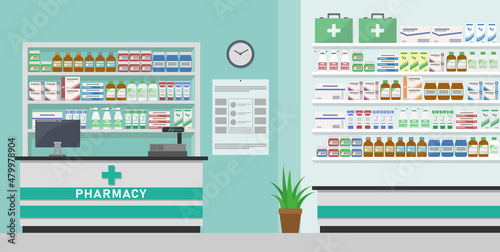 Modern interior pharmacy or drugstore with the counter. Medicine pills capsules bottles vitamins and tablets. vector illustration in flat style