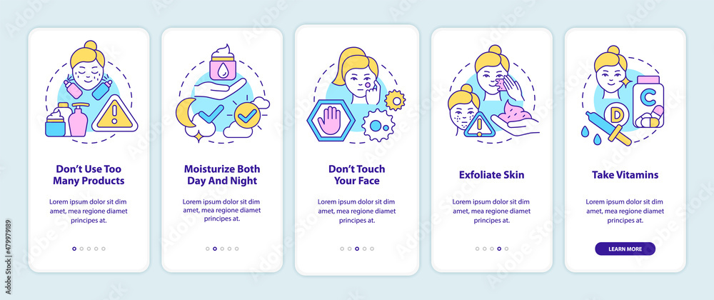 Skincare tips onboarding mobile app screen. Healthy skin walkthrough 5 steps graphic instructions pages with linear concepts. UI, UX, GUI template. Myriad Pro-Bold, Regular fonts used Skincare tips onboarding mobile app screen. Healthy skin walkthrough 5 steps graphic instructions pages with linear concepts. UI, UX, GUI template. Myriad Pro-Bold, Regular fonts used