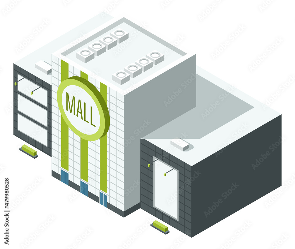 Isometric mall. Big urban store. Shopping center Isometric mall. Big urban store. Shopping center
