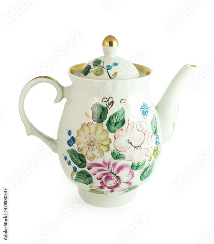 Ceramic teapot with floral pattern isolated on white with clipping path
