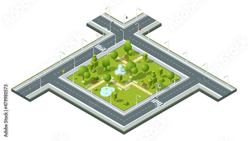 Isometric natural park. Green city block miniature