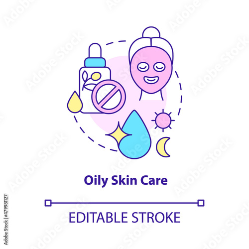 Oily skin care concept icon. Beauty tips. Everyday routine procedures abstract idea thin line illustration. Isolated outline drawing. Editable stroke. Roboto-Medium, Myriad Pro-Bold fonts used