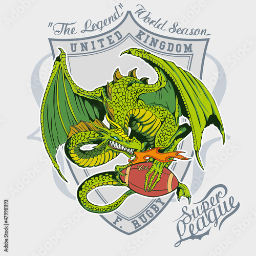 Dragon mascotte of a rugby team holdin a football with his claws inside a coat of arms