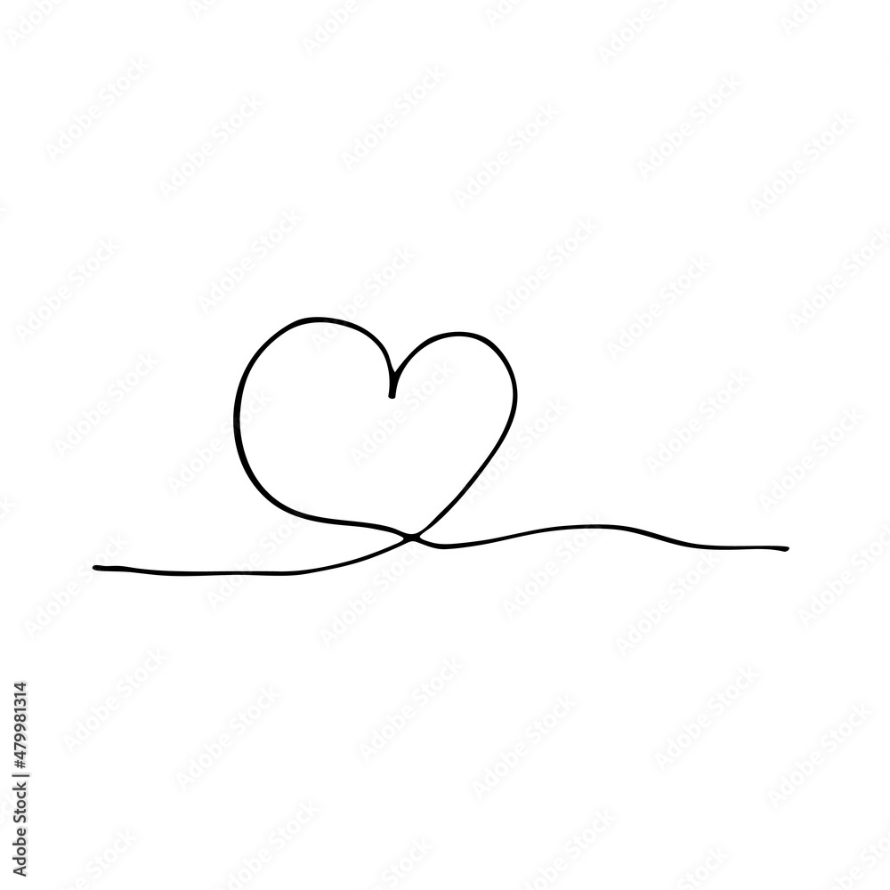 The heart is a continuous one-line drawing, a black and white vector minimalistic illustration of the concept of love, made from a single line