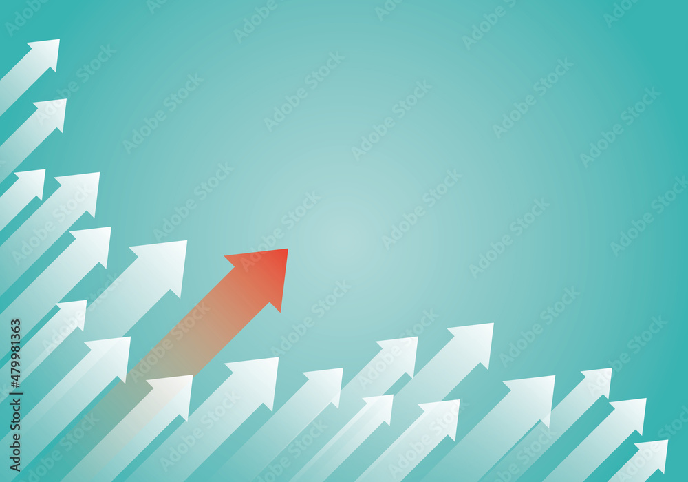 Obraz premium Red arrow with white arrow group and light on green background, Business target or goal success, team, teamwork, leader and winner concept, space for the text, design style.