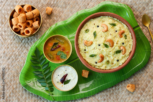 Ven Pongal Khara Pongal with Sambar coconut Chutney popular Indian breakfast food Tamil Nadu festival Pongal Sankranti Diwali spicy pongal prepared with rice lentil semolina rava South India Sri Lanka photo