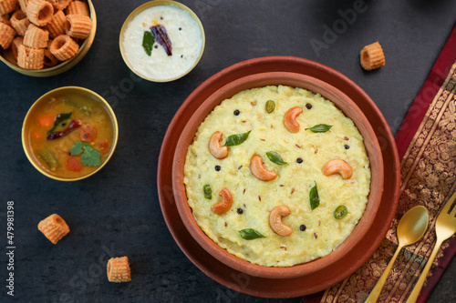 Ven Pongal Khara Pongal with Sambar coconut Chutney popular Indian breakfast food Tamil Nadu festival Pongal Sankranti Diwali spicy pongal prepared with rice lentil semolina rava South India Sri Lanka photo