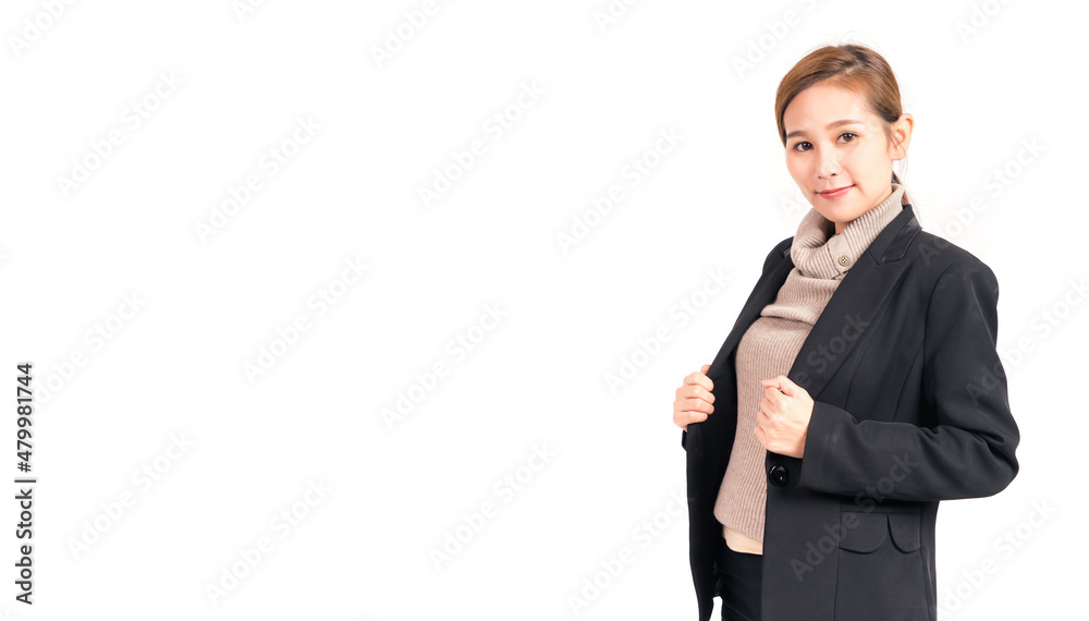 Portrait asian woman in suit with copy space for your advertisement or promotional text . Portrait asian woman in suit with copy space for your advertisement or promotional text .