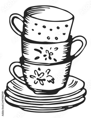 Cups and sausers stack. Pile of tea serving set