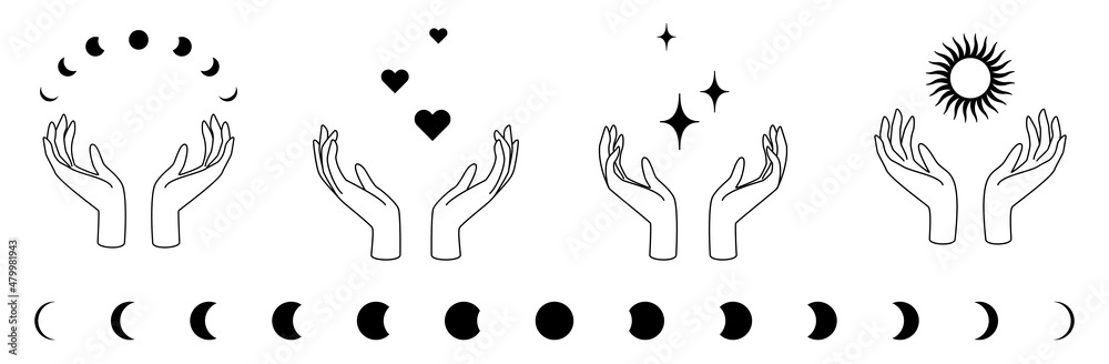 Feminine hands with moons, stars, hearts and sun as symbol of beauty, care, magic, meditation, charity, faith, hope. Feminine hands with moons, stars, hearts and sun as symbol of beauty, care, magic, meditation, charity, faith, hope.