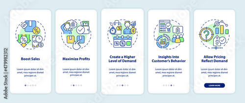 Dynamic pricing advantages onboarding mobile app screen. Boost sales walkthrough 5 steps graphic instructions pages with linear concepts. UI, UX, GUI template. Myriad Pro-Bold, Regular fonts used