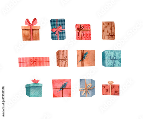 Watercolor gift boxes, hand painted isolated on a white background