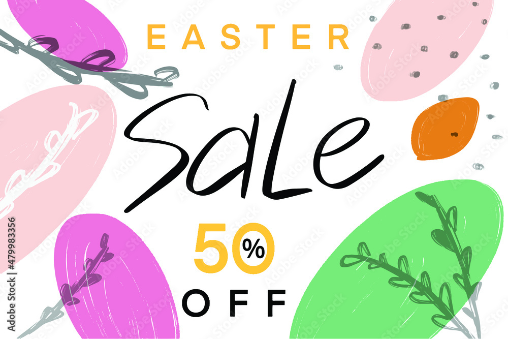 Naklejka premium Easter egg rabbit ear bunny sale 50 fifty percent promotion marketing offer march april month season greeting happy holiday calligraphy writting brush business celebrate festival summer event party 