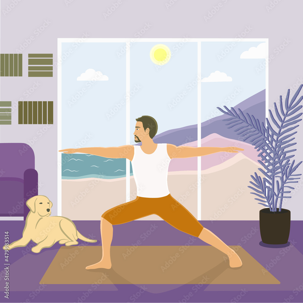Fit man standing in Warrior two or Virabhadrasana 2 posture at home Fit man standing in Warrior two or Virabhadrasana 2 posture at home