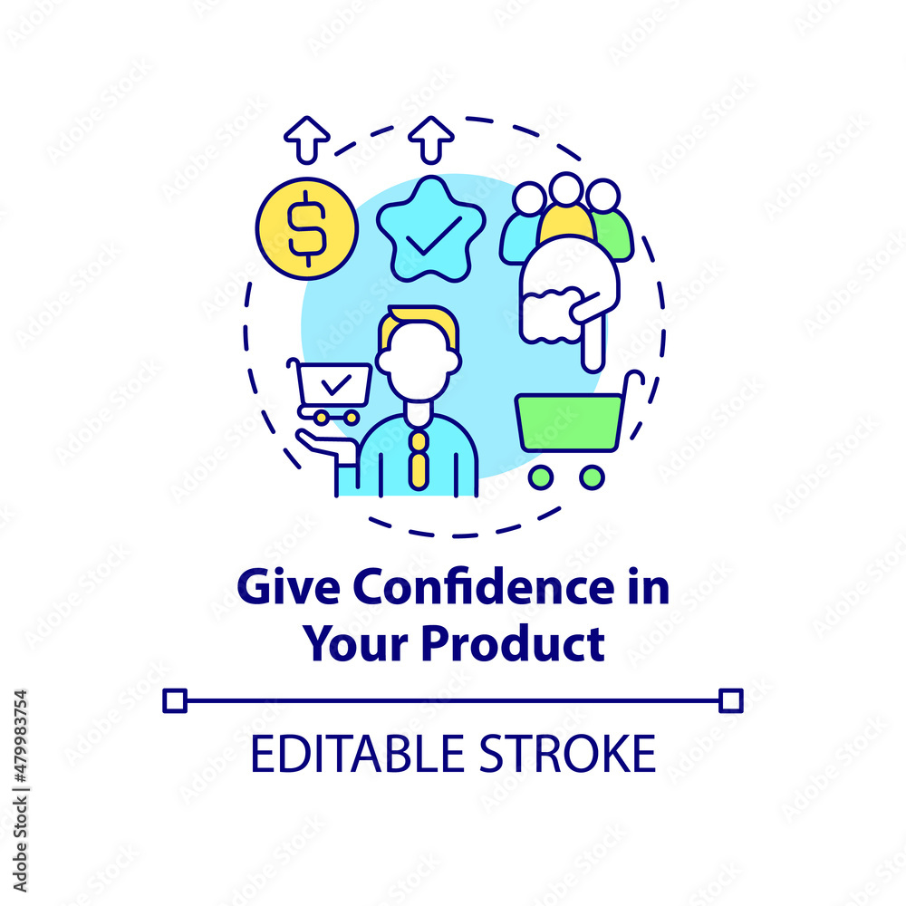 Give confidence in product concept icon. Best pricing strategy abstract idea thin line illustration. Isolated outline drawing. Editable stroke. Roboto-Medium, Myriad Pro-Bold fonts used
