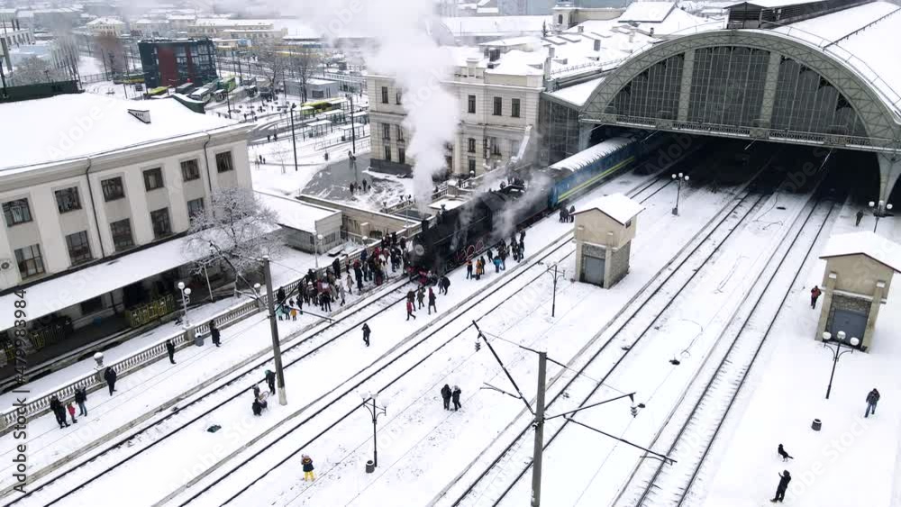 aerial view of old retro train steam locomotive at Lviv railway station aerial view of old retro train steam locomotive at Lviv railway station