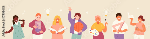 Children talents and creativity. School children with different hobbies. School, kindergarten, development and education