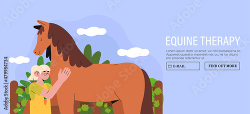 Cute little child or kid girl hug horse. Animals therapy. Feed and take care of pets. Vector cartoon flat character illustration banner, website or web page. Horse riding club advertisement.