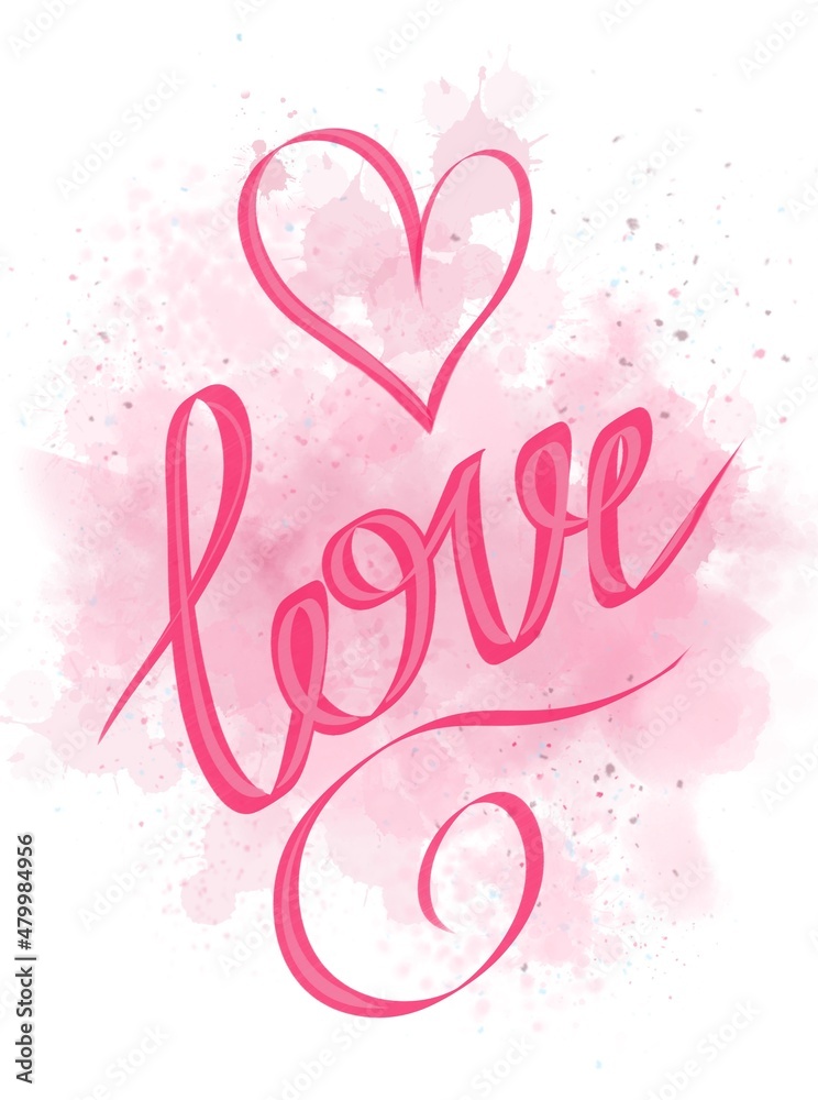 Drawn illustration of the inscription LOVE in pink letters on the background of hearts, abstraction.