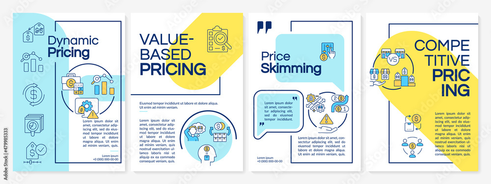Pricing strategy types blue and yellow brochure template. Booklet print design with linear icons. Vector layouts for presentation, annual reports, ads. Questrial, Lato-Regular fonts used
